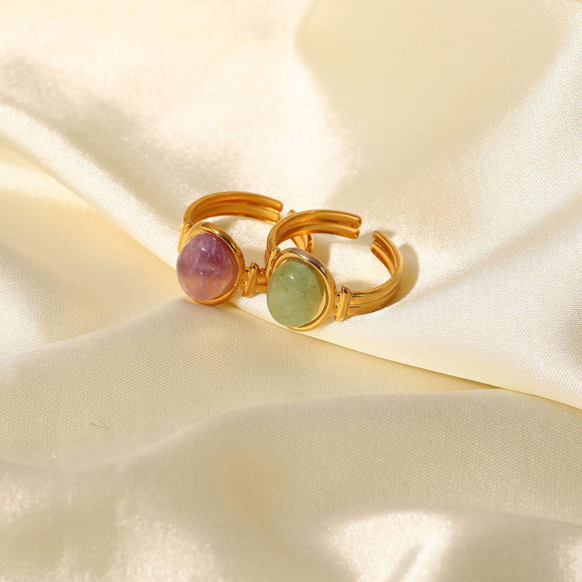 Fashion Waterproof Stainless Steel 18k Gold Oval Green/purple Semi-precious Stone Open Ring