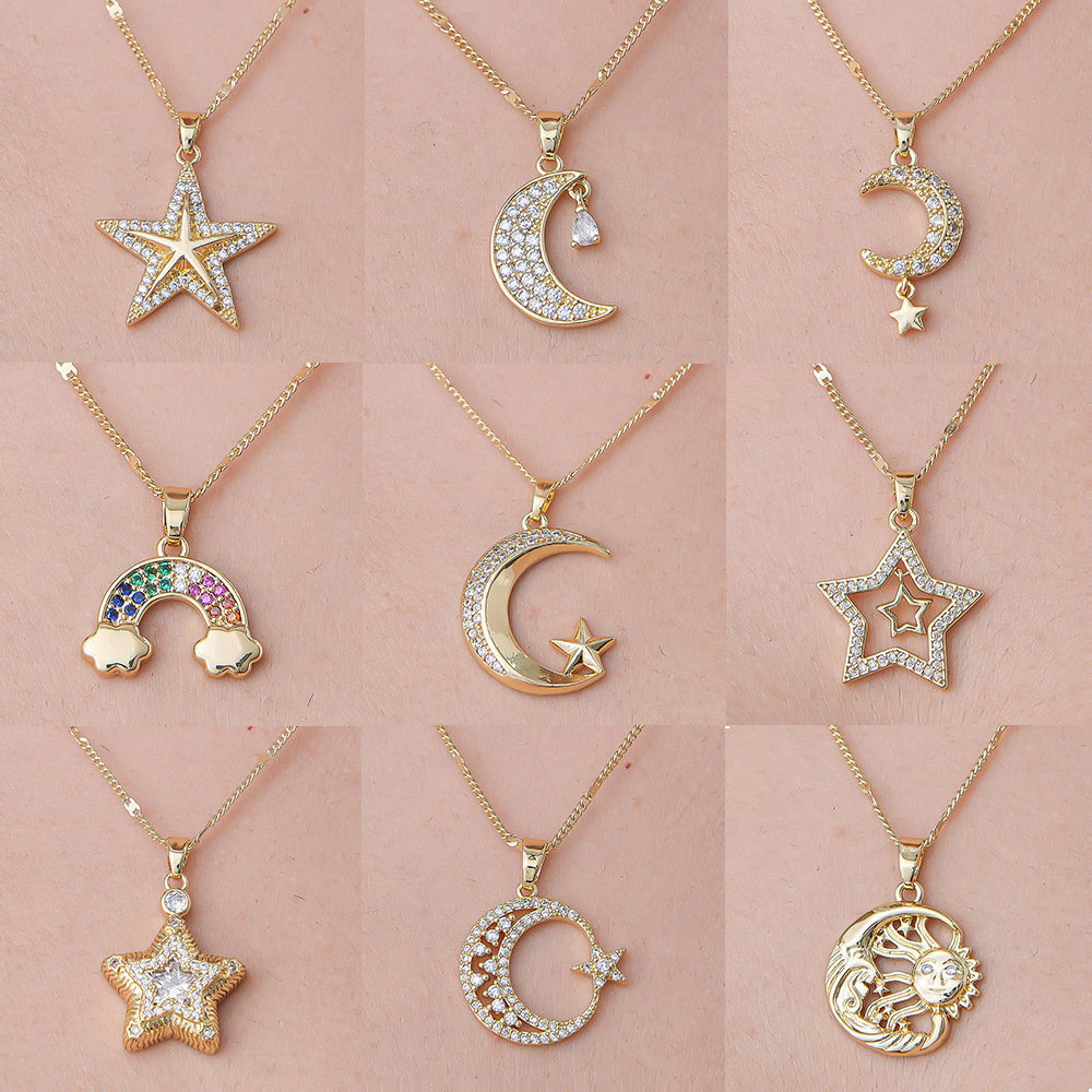 201 Stainless Steel Zircon Simple Style Polishing Plating Rainbow Star Moon Pendant Necklace