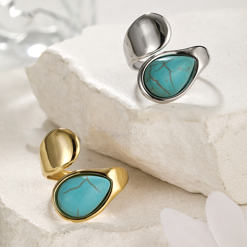 304 Stainless Steel Elegant Simple Style Inlay Water Droplets Turquoise Open Rings