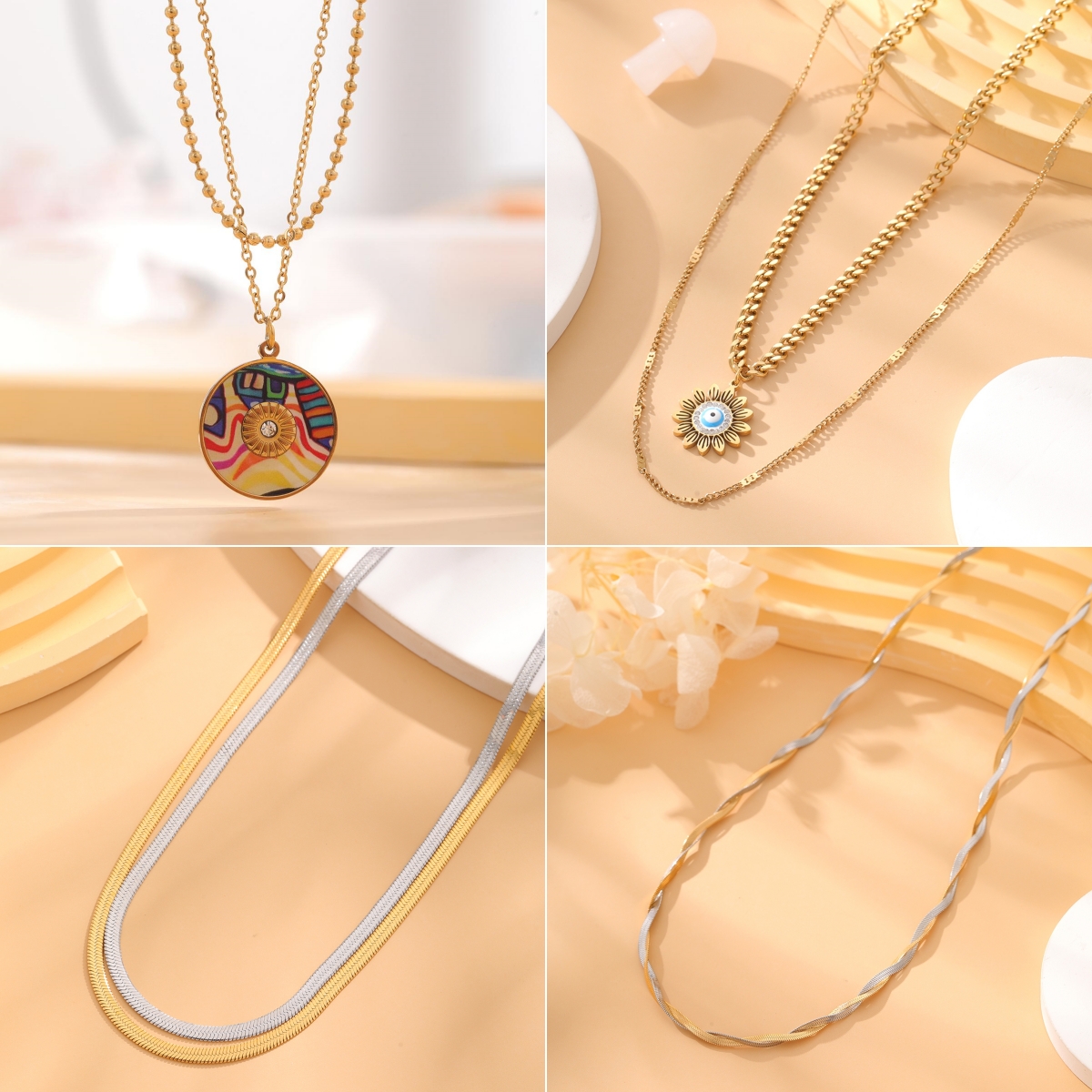 304 Stainless Steel Gold Plated Casual Commute Enamel Plating Diamond Geometric Flower Resin Zircon Pendant Necklace