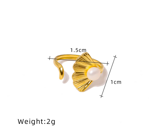 Titanium Steel Elegant Lady Classic Style Inlay Ginkgo Leaf Pearl Open Rings