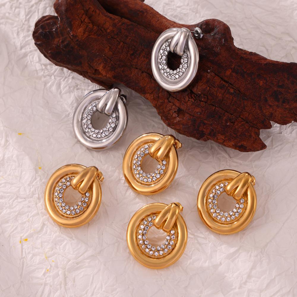 1 Pair Casual Elegant Simple Style Round Plating Inlay Titanium Steel Rhinestones 18K Gold Plated Ear Studs - 1