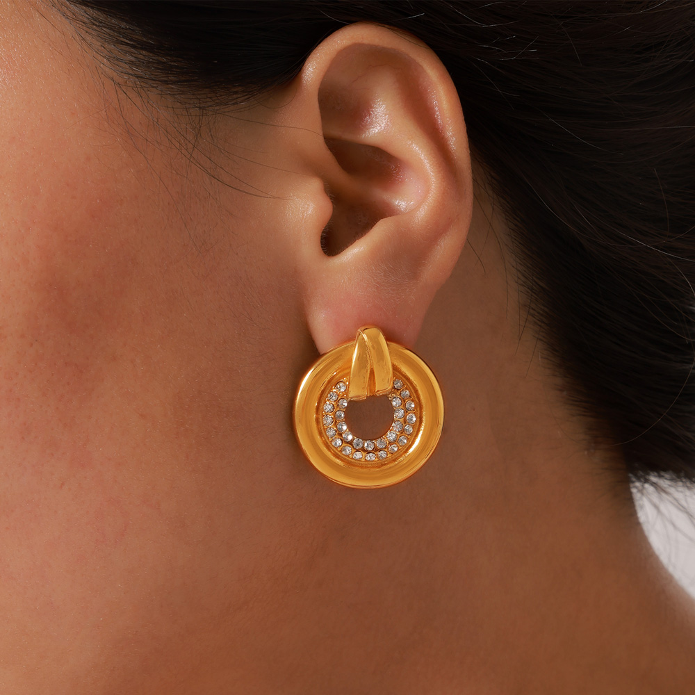 1 Pair Casual Elegant Simple Style Round Plating Inlay Titanium Steel Rhinestones 18K Gold Plated Ear Studs - 1