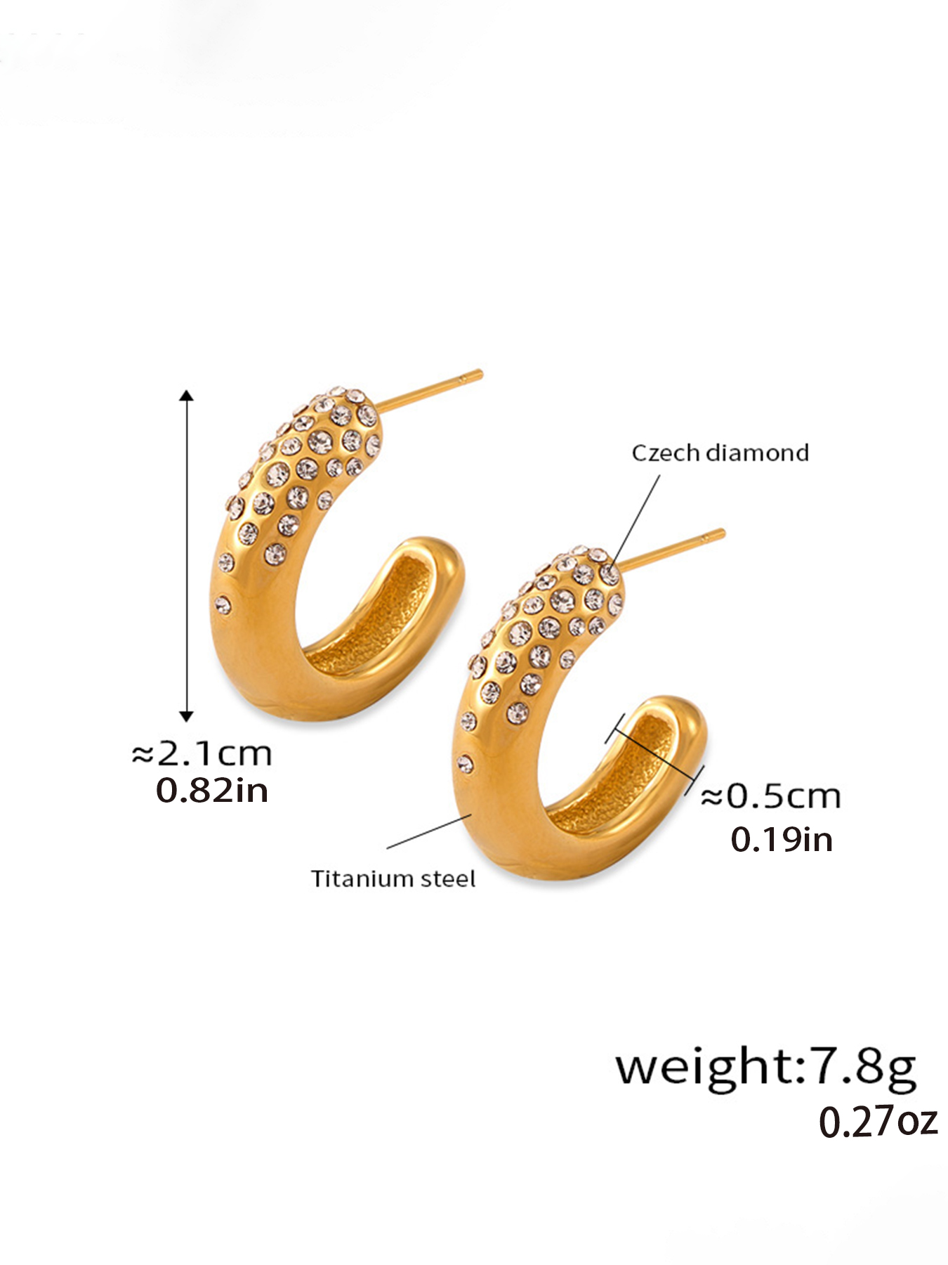 1 Pair Casual Simple Style Commute C Shape Inlay Titanium Steel Rhinestones 18K Gold Plated Ear Studs - 1