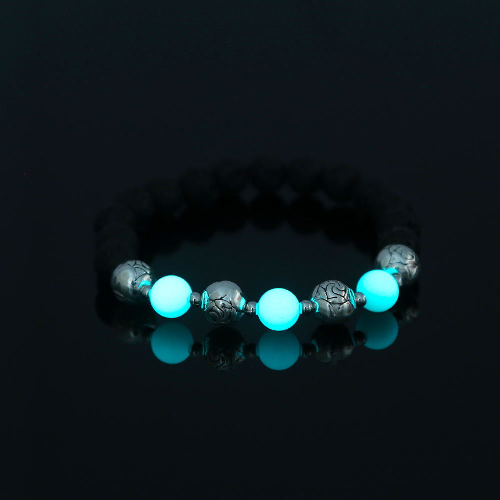 Fashion Rose Flower Beaded Black Volcanic Stone Blue Green Luminous Bracelet