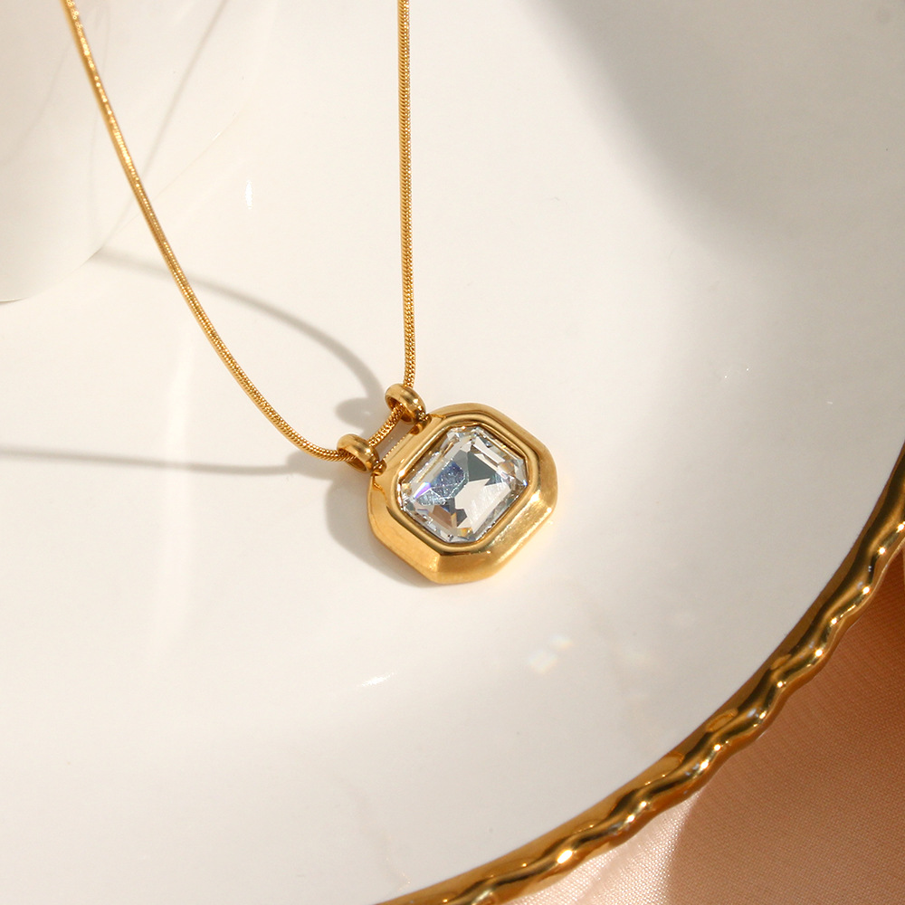 Vintage Style Square Stainless Steel Pendant Necklace Plating Zircon Stainless Steel Necklaces