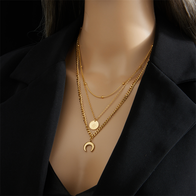 Vintage Style Star Moon Stainless Steel Layered Necklaces Gold Plated Stainless Steel Necklaces