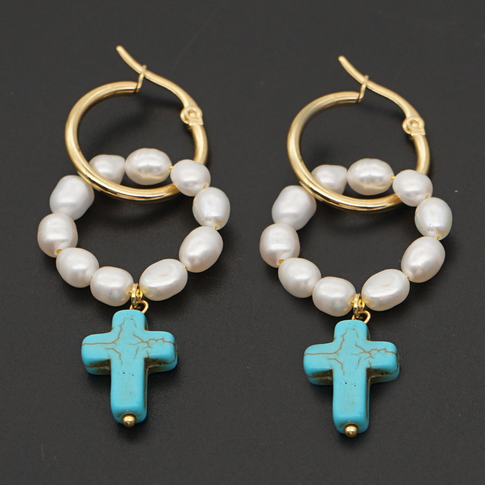 Ins Style Cross Eye Pearl Plating Zircon Drop Earrings 1 Pair