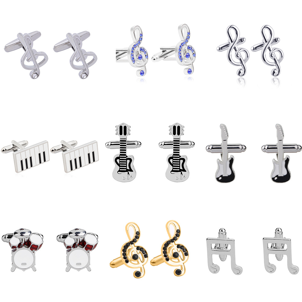 Fashion High Quality Titanium Steel Electroplating Paint Diamond-embedded Music Symbol Guitar Piano Drum Kit Series Cufflinks