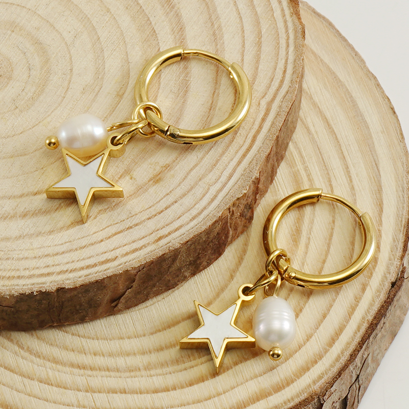 1 Pair Fashion Star Pearl Plating Inlay Stainless Steel Shell 18k Gold Plated Drop Earrings