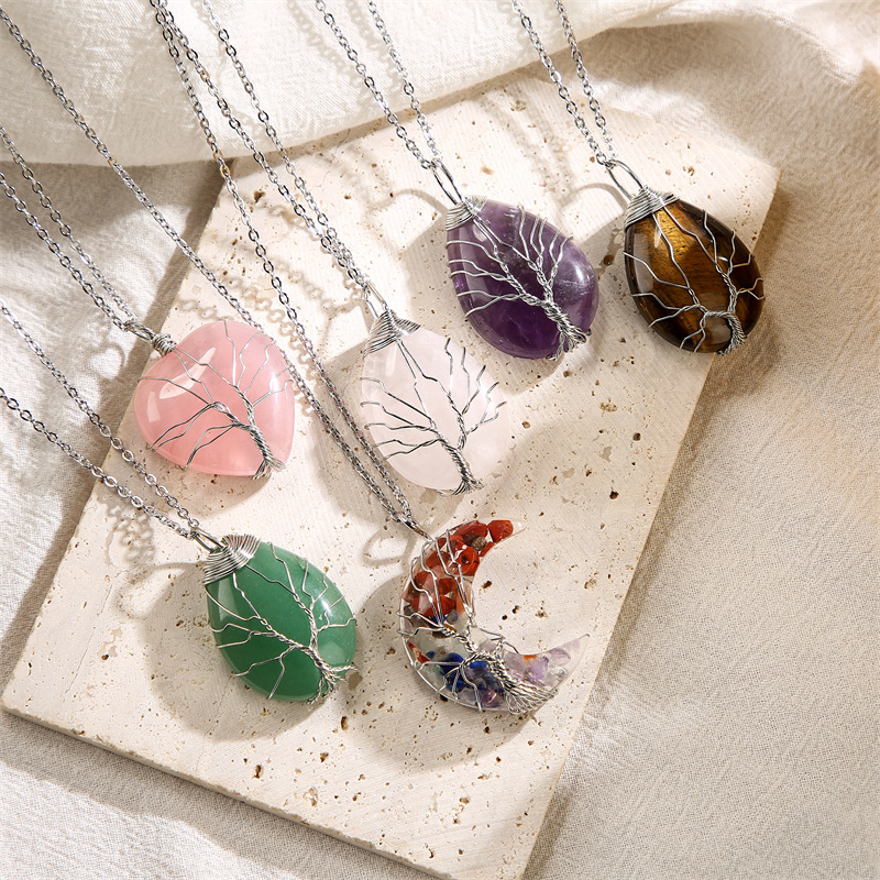 Casual Simple Style Tree Water Droplets Heart Shape Stainless Steel Natural Stone Crystal Pendant Necklace In Bulk