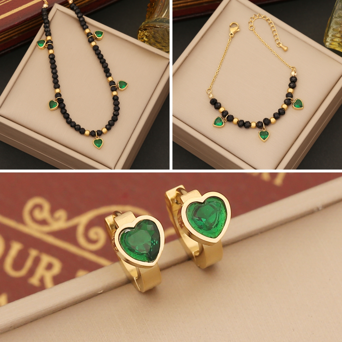 Elegant Retro Heart Shape Stainless Steel Beaded Inlay Crystal Bracelets Earrings Necklace