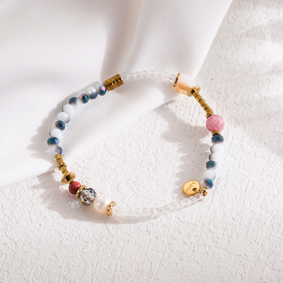 Modern Style Colorful Stainless Steel Natural Stone Freshwater Pearl Beaded 18k Gold Plated Bracelets