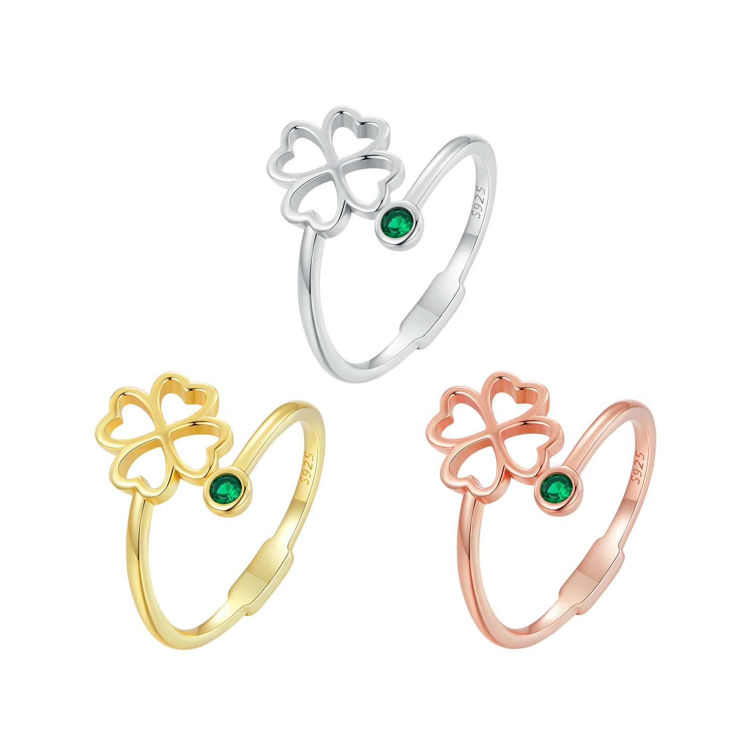 Casual Simple Style Four Leaf Clover Lotus Sterling Silver Zircon Open Rings In Bulk