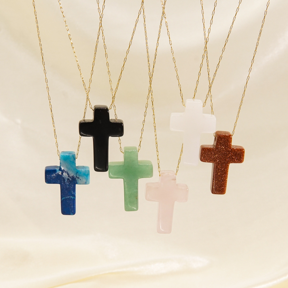 Basic Cross Natural Stone 14K Gold Plated Pendant Necklace In Bulk