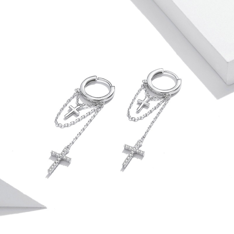 1 Pair Romantic Cross Skull Inlay Sterling Silver Zircon Ear Studs