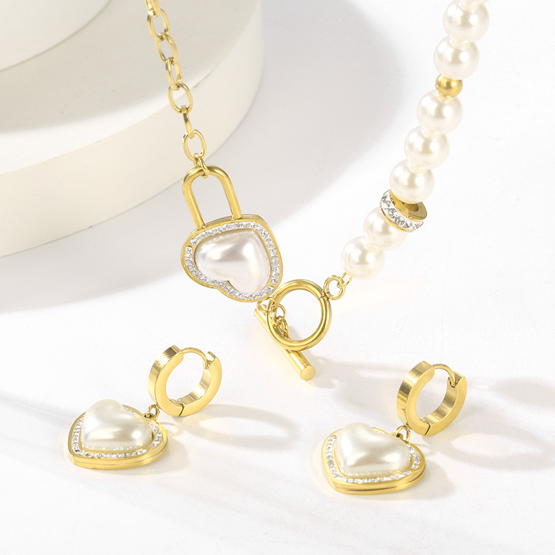 Simple Style Classic Style Heart Shape Titanium Steel Inlay Pearl Earrings Necklace